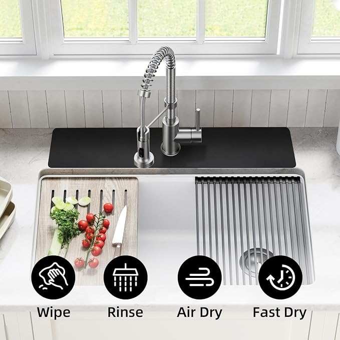 LOPNUR Faucet Mat for Kitchen Sink Cuttable, 24 Inch Long Sink Splash Guard Behind Faucet, Super Absorbent Diatomite Sink Protector Mat, Bathroom Water Splash Guard Fast Dry, Easy to Cut, Black