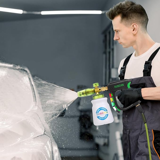Pressure Washer Accessory Short Handle Foam Cannon | 3000 PSI Car Wash Kit Snow Foam Lance Snubby Gun Sprayer 1/4" Quick Connector 5 Nozzles M22-14mm Fitting 1L Bottle DUS2702