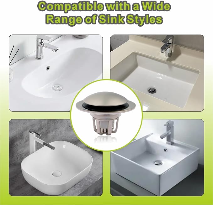 Pop Up Sink Drain Stopper Hair Catcher - Brushed Nickel 1 Pack | Satin nickel strainer replacement, Fits 1-1/8 & 1-1/2 drains, Anti clog hair catcher, Quick pop up seal, Push button gaskets.