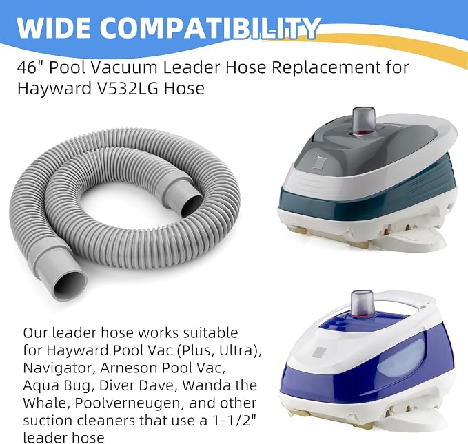 V532LG Pool Vacuum Leader Hose Replacement for Hayward Pool Cleaner, Pool Vac Ultra, Pool Plus, Navigator, Aqua Bug, Diver Dave,46 Inch Heavy Duty Pool Cleaner Replacement Hose, Gray