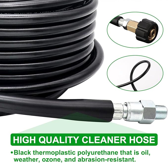 WEST BAY Sewer Jetter Kit 25 FT for Pressure Washer, 5800 PSI Drain Cleaner Hose 1/4 Inch NPT Corner Rotating and Button Nose Sewer Jetting Nozzle Spanner WatertightTape Pearl Corsage Pin
