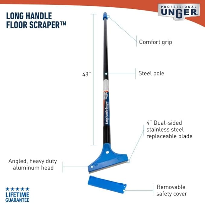 Unger Professional Long Handle Floor Scraper Tool with 4ft (48”) Handle, Reversible Blade Tool for Cleaning Concrete, Linoleum Flooring, Vinyl, Tile, High-Gloss, Marble