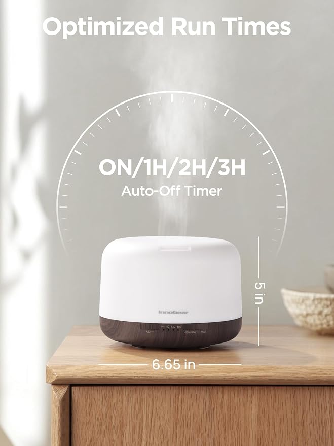 InnoGear 500ml Aromatherapy Diffuser for Home 10 Essential Oil Set, Brown | Gift Set, Remote Control, Automatic Shut-Off, 4 Timers, Quiet, Run up to 18hrs, Cool Mist Humidifier, Large Room, Easy to Use