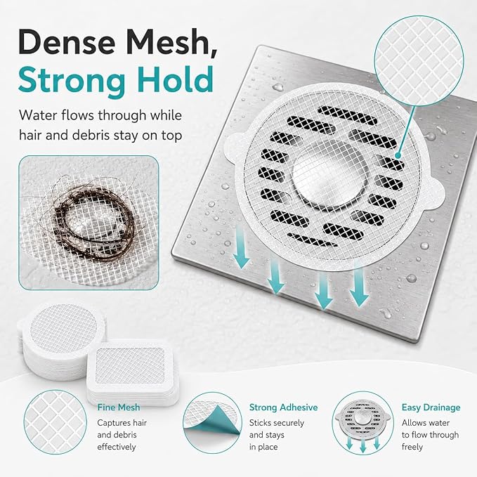 Disposable Drain Hair Catcher Mesh Stickers, Round & Square Shower Drain Covers for Hair, Adhesive Bathtub Sink Drain Protector, Disposable Hair Trap Strainer for Bathroom, Kitchen, Tub
