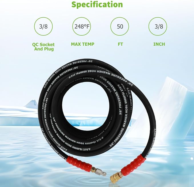 SCITOO 3/8" Pressure Washer Hose 50ft 6000psi 2-Braid Black Hot Water Pressure Washer Hose