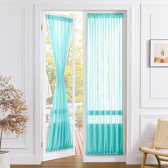 Tollpiz Sheer Door Curtains Closet Linen Textured Curtains Sheer Doorway Light Filtering Voile Rod French Door Pocket Curtain Patio Door, 25 x 72 inches Long, Aqua Blue, Set of 1 Panel