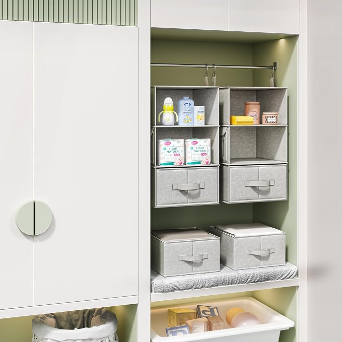 2 Pack 3-Shelf Hanging Closet Organizer with 2 Drawers, Silver Gray | Two Hanging Organizers with Fabric Drawers, Space-Saving Closet Storage for Clothes, Baby Items, Nursery and Dorm Rooms