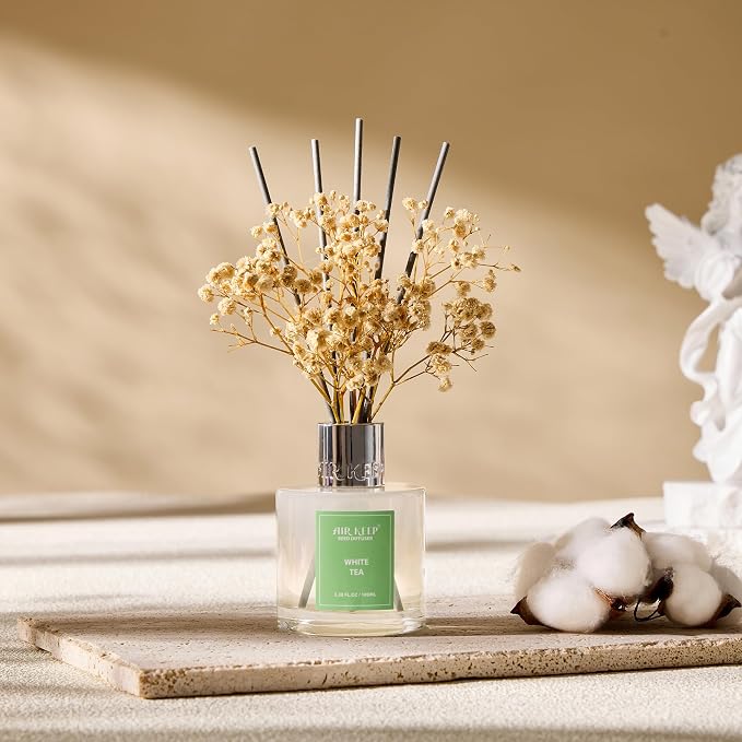 Reed Diffuser Set,3.38 fl oz (100 ml) - White Tea Oil Diffusers with 8 Reed Sticks, Home Fragrance Reed Diffuser for Bathroom Shelf Decor