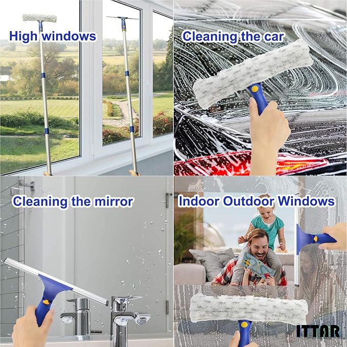 Window Squeegee with 2 Sets Separate Pole, 12" Rubber Squeegee and 11" Microfiber Pads, 60"-73.6" Telescopic Window Cleaning Kit with Rotating Head for High Windows, Shower Glass, Car Windshield