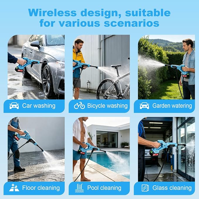 Cordless Portable Washer, Handheld Washer, Battery Operated Washer with 5M Elastic Hose for Car Home with Storage Boxes 120bar