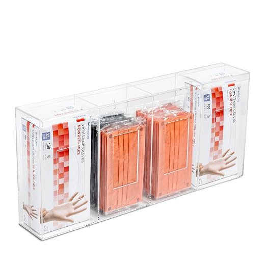 IneVibe 4 Compartment Hygiene Holder with Lid for Home or Office (Quad) | Quad Acrylic Dispenser For Hairnets, Glove Boxes, Face Masks, Plastic Bags, Tissue Boxes, Medical - Countertop or Wall Mount