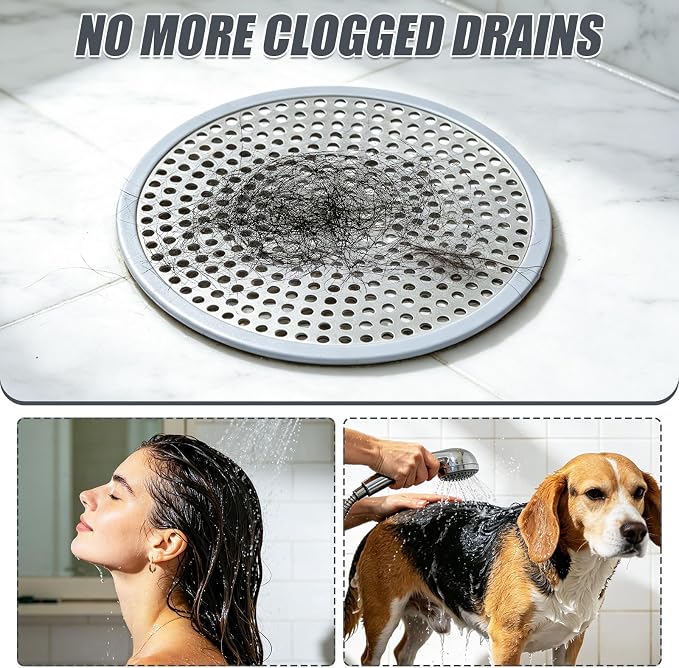Stainless Steel Shower Drain Hair Catcher/Strainer/Silicone Edges | 4.72-inch diameter, suitable for bathroom and kitchen drains, silver