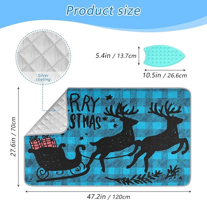 Ironing Mat Portable Ironing Pad Ironing Blanket for Table Top Heat Resistance Double-Side Using Travel Large 47.2 x 27.6 Inch Foldable Lightweight Christmas Check Elk Blue