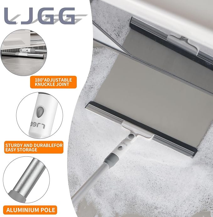 Floor Squeegee with 13.8" Silicone Blade and 52" Aluminum Handle, Water Squeegee Broom for Bathroom, Shower, Tile, Garage, Deck and Window Cleaning – LJGG (Gray/White)