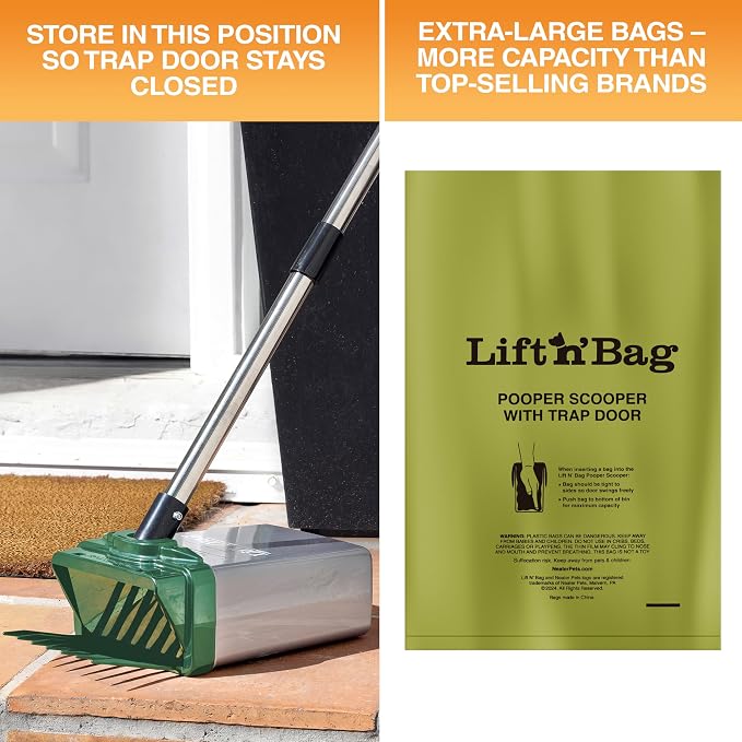 Neater Pet Brands Lift N’ Bag 2.0 Dog Pooper Scooper with Bag Attachment & 31" Pole for Small to Large Dogs, New Longer Pole, 15 Refill Bags, Heavy Duty Dog Poop Scooper for Yard, One-Hand Use