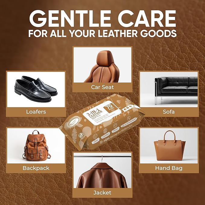 Air Jungles 3in1 Leather Cleaner Wipes 70 Count, Extra Large 8" x 10" Size | Clean Condition Protect Wipes for Vinyl and Leather Apparel Furniture Auto Car Interior Shoes Boots Bags