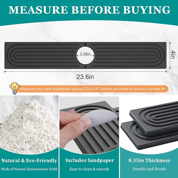 Stone Faucet Mat for Kitchen Sink - Quick Dry Diatomite Sink Splash Guard, Prevents Moisture Buildup & Water Stains, Water Absorbing Stone Tray for Bathroom Countertop (Dark Gray, 23.6" x 4")