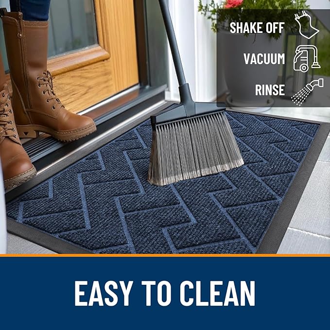 OLANLY Front Door Mat Indoor Outdoor Entrance, Waterproof All-Season, All-Weather Doormat, Sturdy Natural Rubber, Low Profile, Easy Clean Patio Porch Entryway Mat, Herringbone Brick (Blue, 47x23)