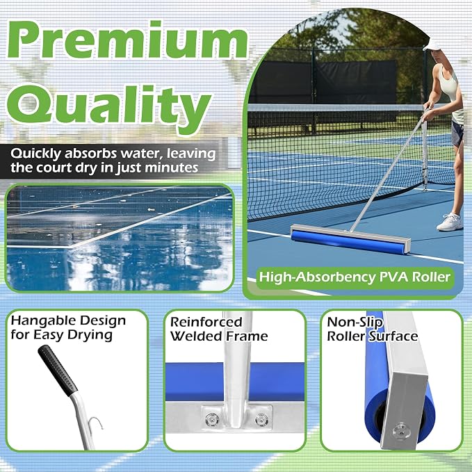 Tennis Court Squeegee, 38'' Foam Tennis Roller for Quick Clearing, Silver | Quick Water Removal, Lightweight, PVA Tennis Foam Sponge Roller