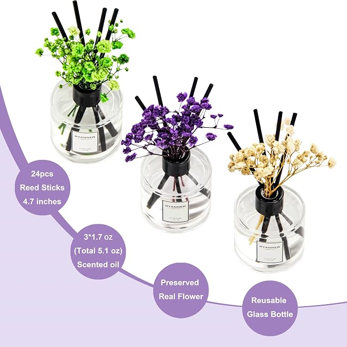 Reed Diffuser Set of 3 Pack,Lavender Eucalyptus/White Jasmine/Lemongrass Scented Oil Diffuser with 24 Sticks(1.7 fl oz Each Pack),Air Freshener for Bedroom Bathroom Office | Shelf Decor