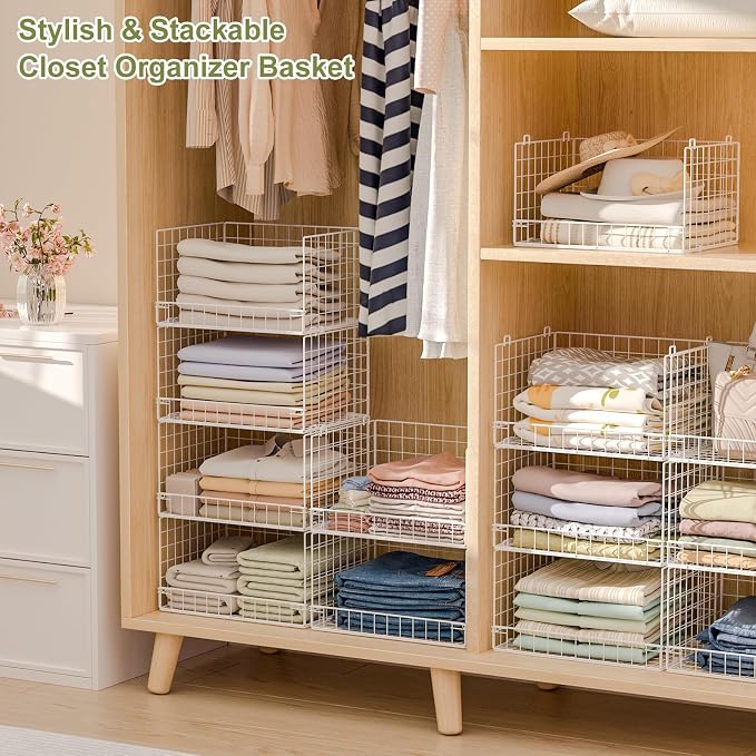 Huxitocan 4-Tier Closet Shelf Organizer - Closet Organizers and Storage Basket, Stackable Closet Storage Bins, Foldable Clothes Organizers and Storage Shelves for Home Closet Organizer System