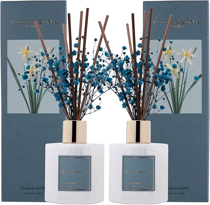 Premium Reed Diffuser Set with Preserved Baby's Breath & Cotton Stick Cashmere Vanilla 2 Packs, 6.7oz Scent Fragrance Oil Diffuser for Bedroom Bathroom Home Décor