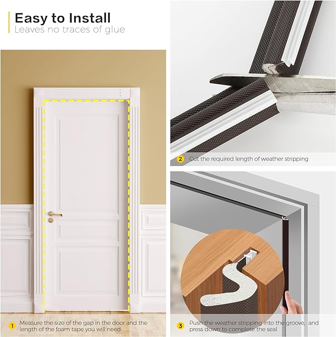 Weather Stripping Door Seal Strip - Soundproof Q-Shaped Foam for Exterior Door Frame, Large Gap Seal, Noise Cancelling, Easy to Install (Brown, 60FT)