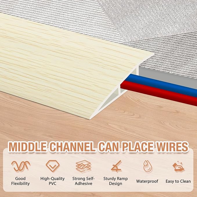 Floor Transition Strip Self Adhesive Vinyl Door Threshold for Doorways Carpet Edging Trim Overlap Edge Reducer for Laminate Floor, Carpet, Tile (Beige Wood Grain, 2/5" to 3/5", 6.6Ft)
