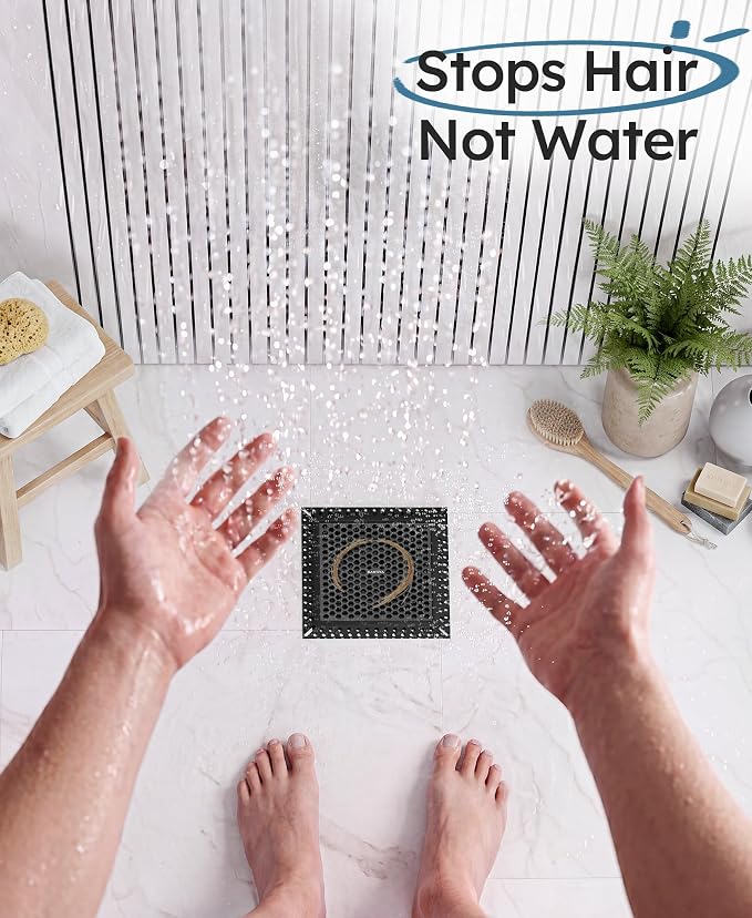 Square Shower Drain Hair Catcher, Flat Shower Drain Hair Catcher, Anti-Clogging Fast Drainage, Anti-Slip, Easy Clean Fits Bathroom Hair Catcher for Shower (Matte Black, 4 inch)