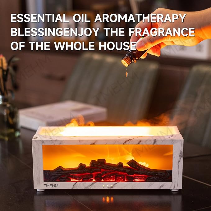 TMEHM Fireplace Flame Essential Oil Diffuser Humidifier, Aromatherapy | Ultrasonic Mist with 7 Colors and Timer for Home, Bedroom, Office, and Yoga