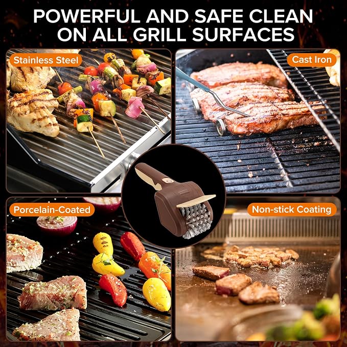 Electric Grill Brush for Outdoor Grill, Electric BBQ Grill Cleaner | Rechargeable Electric BBQ Grill Cleaning Stainless Steel Brush, Grill Scraper, BBQ Accessories Brown
