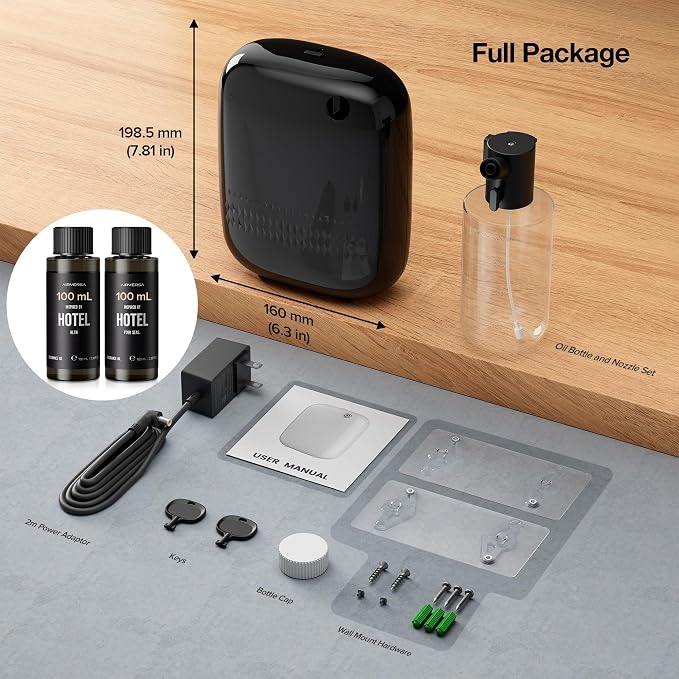 Airversa ANW Smart Waterless Diffuser Starter Kit for Room, Black | 2x100 mL Hotel Scent Fragrance Oil, Up to 2000 sq ft, App Control, 400mL, DC-12V/1A Adapter, Scent Air Machine, ANWKit-2x100