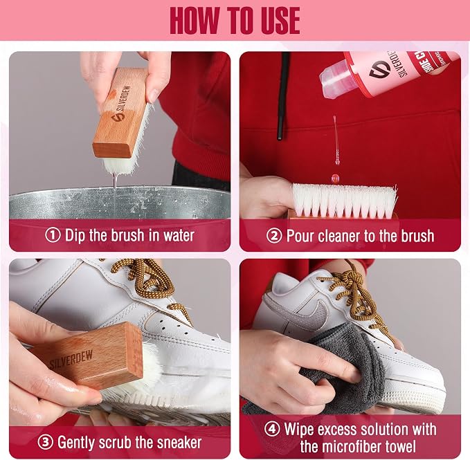 4PCS Shoe Cleaning Kit, Pink | 16oz Sneaker Cleaner, Nylon Brushes, Microfiber Towel, For Leather, Canvas, Mesh, Rubber & Synthetic Materials