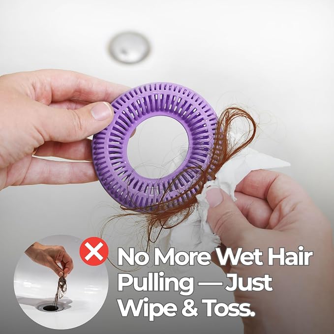 TubRing Pop-Up Drain Protector & Strainer Silicone Hair Catcher, Violet | Easy snap-in design fits around bathtub stoppers. Customizable utility guard for clog prevention. Fits 1.85"- 2.16" drains.