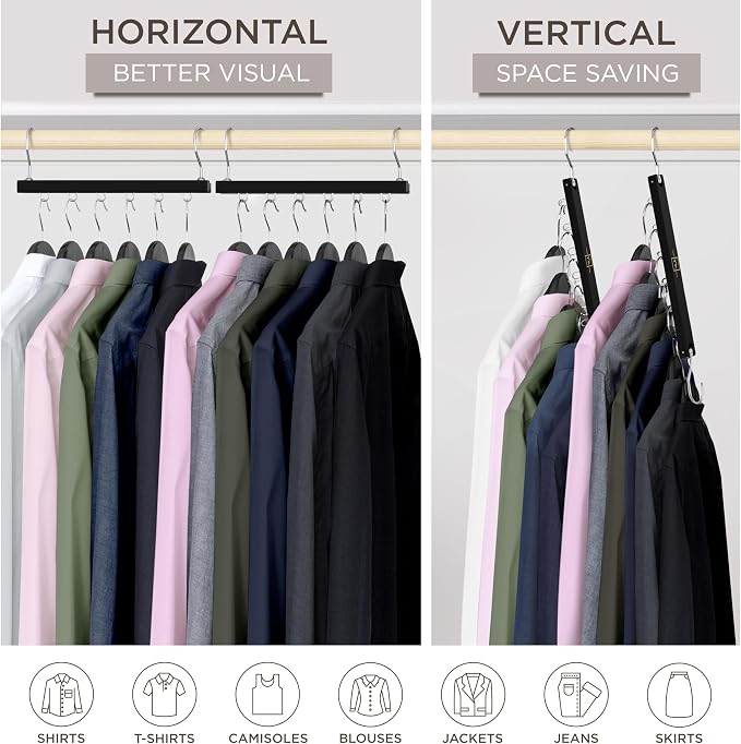 MORALVE Space Saving Hangers for Closet – 4 Pack European Beechwood 6-Tier Shirt Organizer with 360° Swivel Hook – Collapsible Clothes Hanger for Closet Organization (Hangers Not Included)