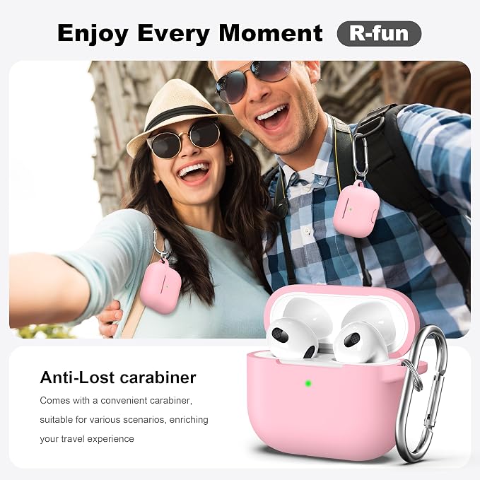 R-fun Compatible with AirPods 3 Case Cover, Silicone Protective Accessories Skin with Keychain Compatible with Apple AirPod 3rd Generation 2021 for Women Men Girls Boys,Front LED Visible,Pink