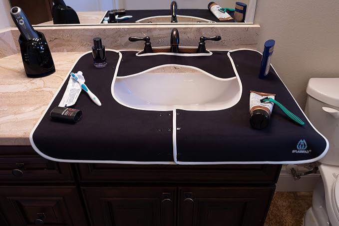 Sink Splash Guard - Home Essentials Faucet Mat for Clean and Dry Bathroom Counter - Absorbent Fast Drying Non Slip Protector - Soft Microfiber with Waterproof Rubber Grip - Washable - Black
