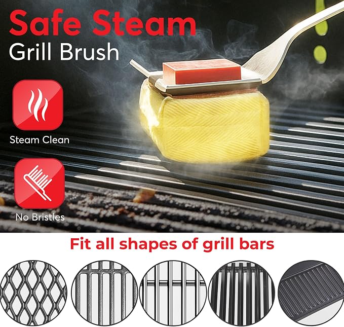Grill Brush Bristle Free - Safe Grill Brush for Outdoor Grill, SteamWizards BBQ Grill Cleaner Brush Kit, Replaceable Head, Fire Resistant Grill Scraper Tool, Dishwasher Safe - Men/Dad