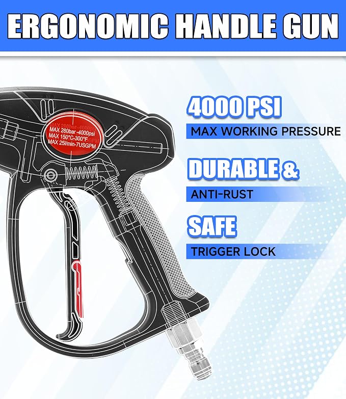 M MINGLE Swivel Pressure Washer Gun with Extension Wand, 3/8" Quick Connect | 4000 PSI High Pressure Spray Gun with 5 Nozzle Tips, 40 Inch, for Car/Patio/Driveway Cleaning