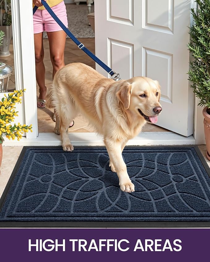 DEXI Front Door Mat Outside Entrance, Heavy Duty Non Slip Low Profile Doormat for Entryway, Trap Dirt and Moisture Welcome Mats, Easy Clean, Patio, Garage, 4x2, Blue