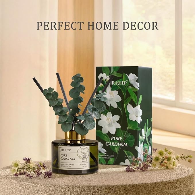 Reed Diffuser Set with 6.76 fl oz Pure Gardenia Scent Essential Oils and 3 Leaves & 8 Diffuser Sticks,Bathroom Shelf Decor & Air Freshener, House Bedroom Office Decor & Gifts