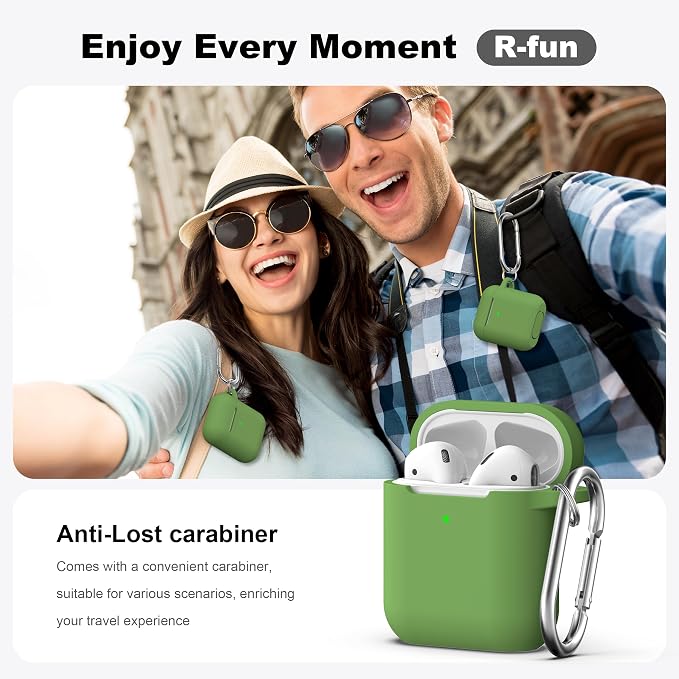 R-fun for AirPods 1/2 Case, Soft Silicone Protective Cover with Keychain and Cleaning Pen, Compatible with AirPods 2nd/1st Generation (2016/2019), Full Drop Protection Cover, Grass Green
