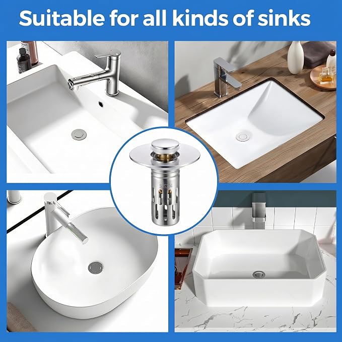 Chrome Bathroom Sink Drain Strainer, Upgraded 3 in 1 Universal Pop Up Stopper with Removable 304 Stainless Steel Filter Basket or Hair Catcher, Bullet Core, Sink Plug for 1.1''~2.36'' Basin, 2 PCS