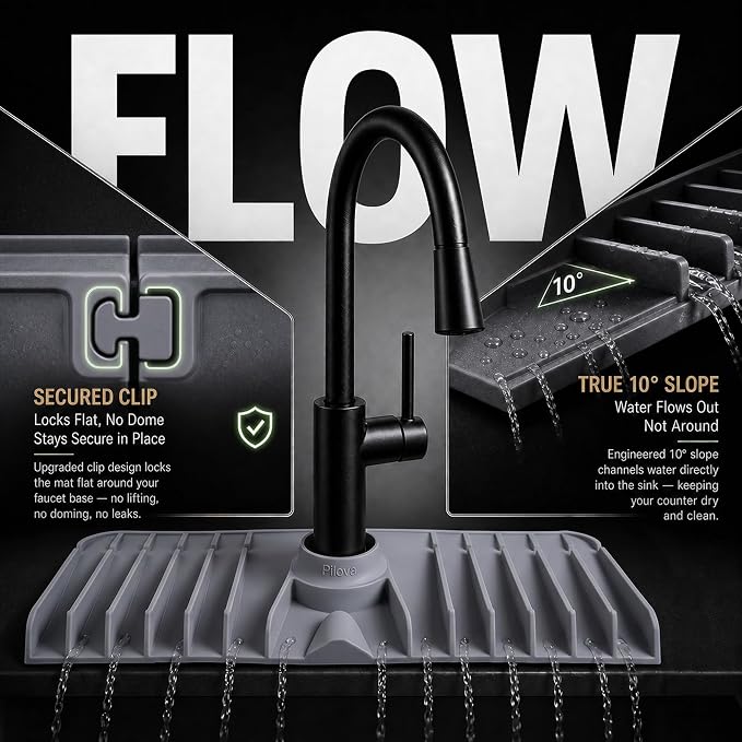 Premium Kitchen Sink Splash Guard – 18" x 5.7" Silicone Faucet Mat with Secure Pressure Clip, True 10° 3D Drainage(No Pooling), Anti-Lift Design, Flexible Leak-Sealing Ring, Non-Slip Fit Behind Faucet