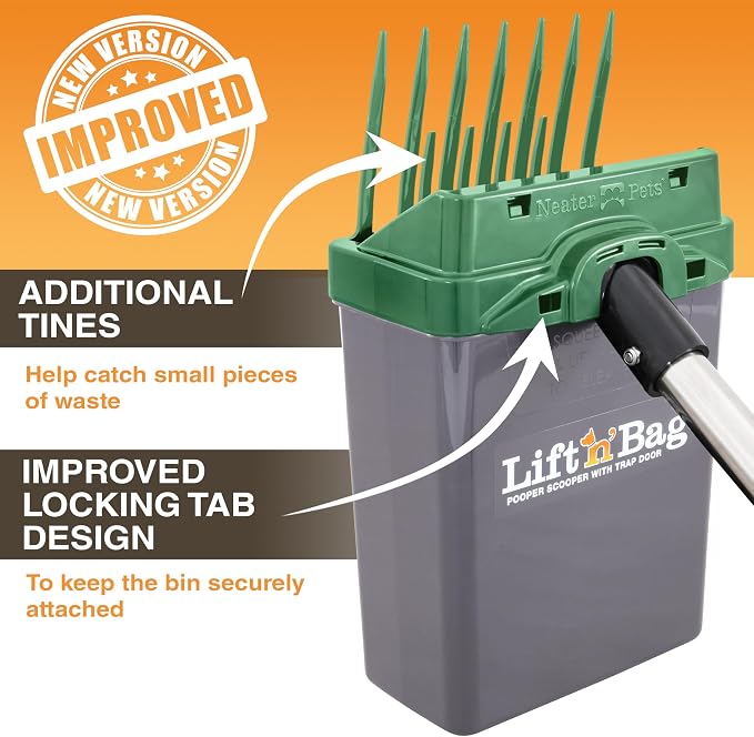 Neater Pet Brands Lift N’ Bag 2.0 Dog Pooper Scooper with Bag Attachment & 31" Pole for Small to Large Dogs, New Longer Pole, 60 Refill Bags, Heavy Duty Dog Poop Scooper for Yard, One-Hand Use