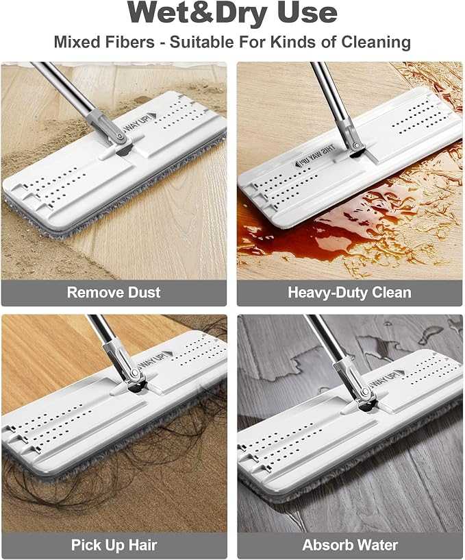 JOYMOOP Flat Mop System, Microfiber Mop for Floor Cleaning, 60" Long Handle with 15" Microfiber Flat Head, White