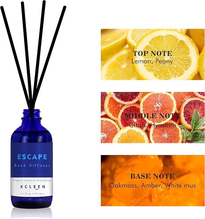 Xcleen Reed Diffusers Set, 3.7 Oz Scent Diffuser, 6 Reed Diffuser Sticks, Home Fragrance Hyacinth, Peony & Citrus, Aromatherapy Oil Diffuser Reeds, More Masculine Scent, Bathroom & Office Decor 110ml