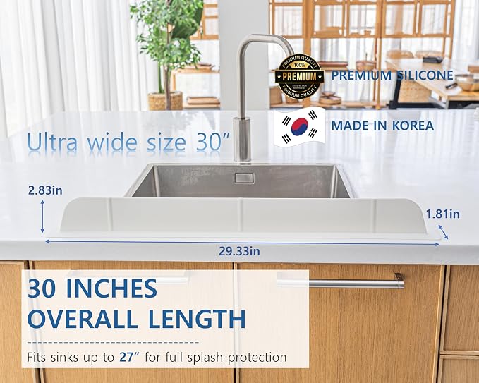 30 inch(75cm) Premium Kitchen Sink Silicone Water Splash Guard Size Upgrade 30" and new Package - NO Suction Cups, Ultra Wide 30" - Made in Korea (Ultra Wide Eco White)