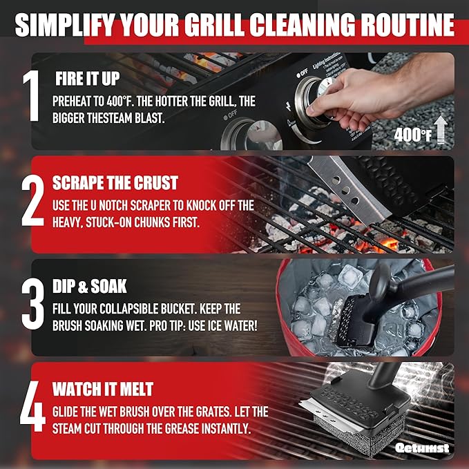 Qetumst Grill Brush Bristle Free with Collapsible Bucket, Steam BBQ Cleaning Kit & 3 in 1 Scraper, Extra Replaceable Head, Safe Outdoor Accessories for Cast Iron, Porcelain Grates