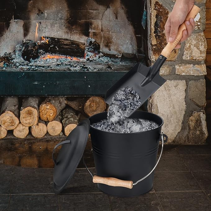 Mini Ash Bucket with Lid, Fireplace Ash Bucket - Black | 1.5-Gallon Ash Bucket With Lid and Shovel and Hand Broom, Metal Ash Bucket for Fireplace, Fire Pit, Wood Stove